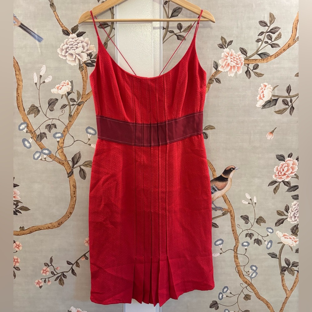 Carolina Herrera red pink midi dress, scoop neck and back, 8